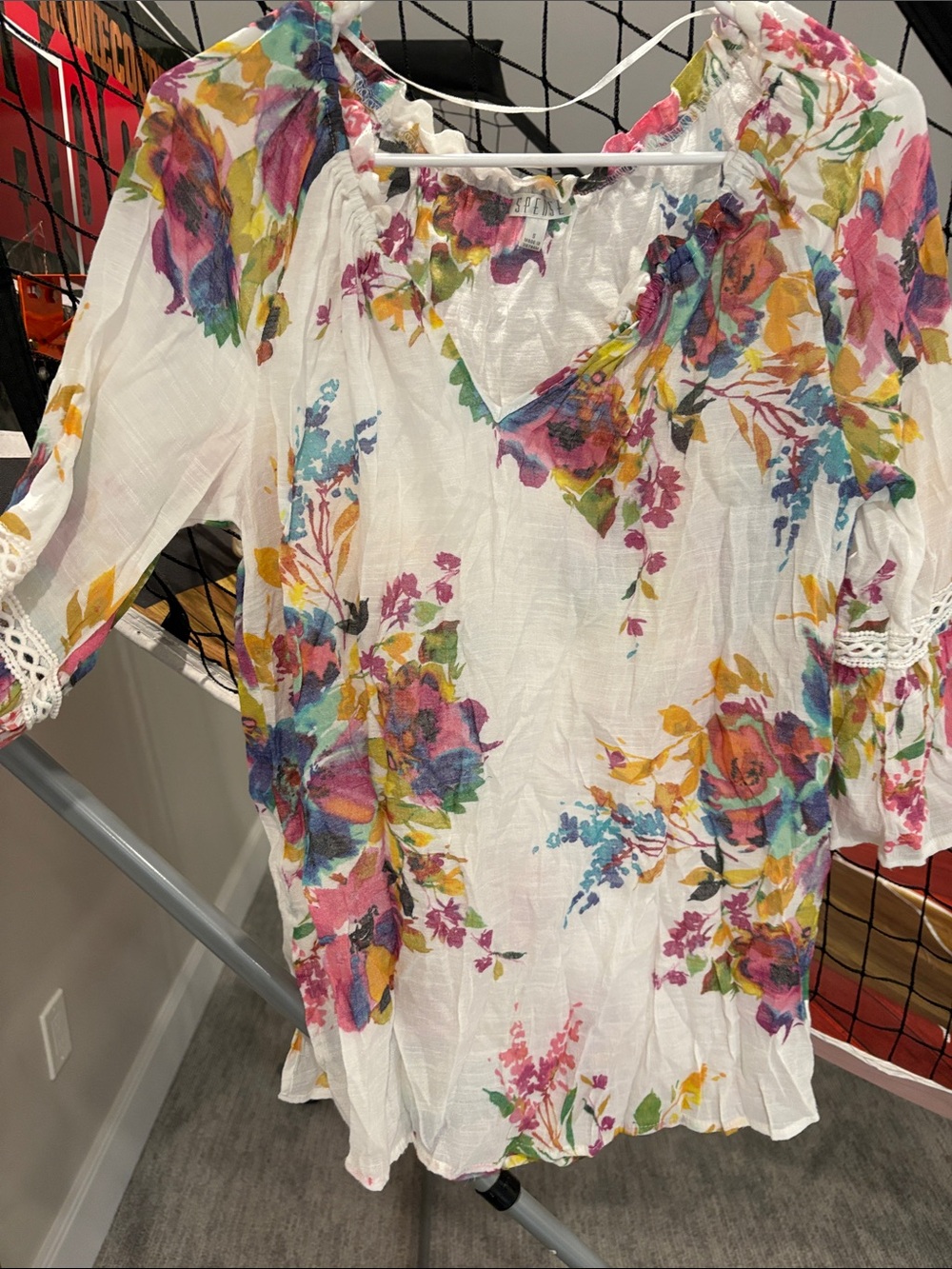 Spense White Floral Peasant Tunic with Pink, Blue & Yellow Blooms